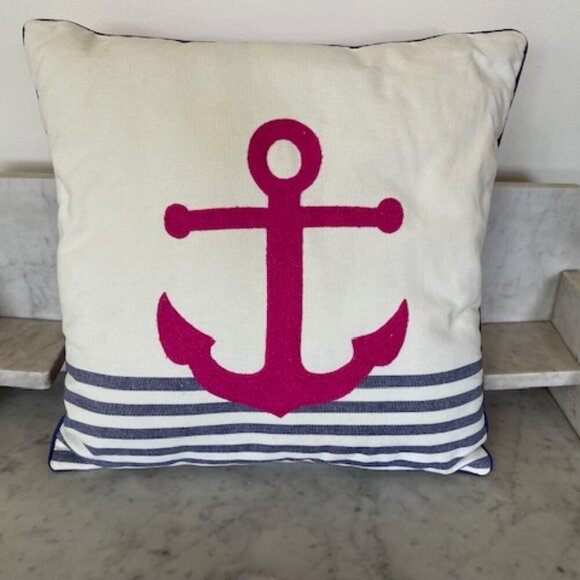 THRESHOLD Pink Embroidered Anchor White Blue Stripe Toss Pillow - Picture 4 of 15